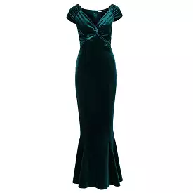 Emerald Green Cap Sleeve Twist Bust Fishtail Hem Velour Maxi Dress