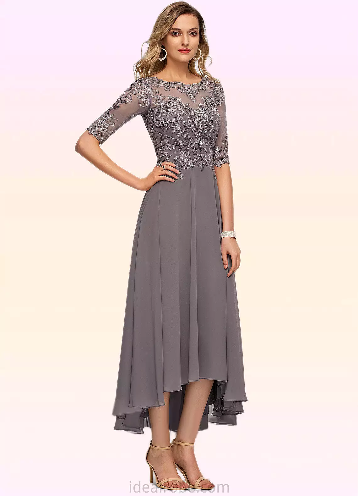 Emilia A-line Boat Neck Illusion Asymmetrical Chiffon Lace Mother of the Bride Dress With Beading Sequins STKP0021629