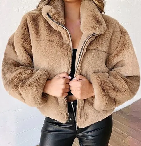 Fashion Solid Color Patchwork Polyester Zipper Coat Woolen Coat