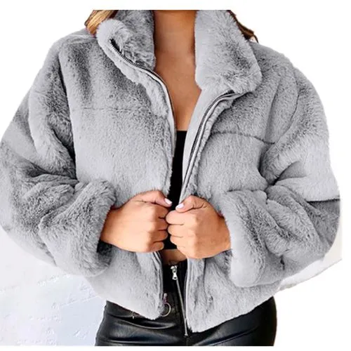 Fashion Solid Color Patchwork Polyester Zipper Coat Woolen Coat