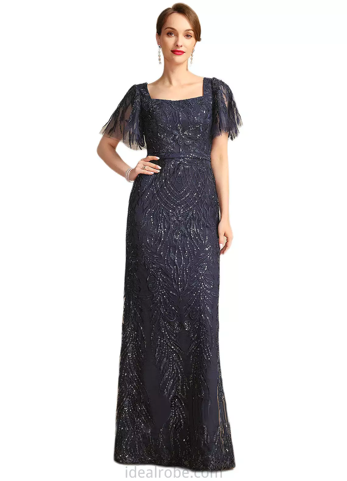 Fatima Sheath/Column Square Floor-Length Lace Mother of the Bride Dress With Sequins STKP0021665