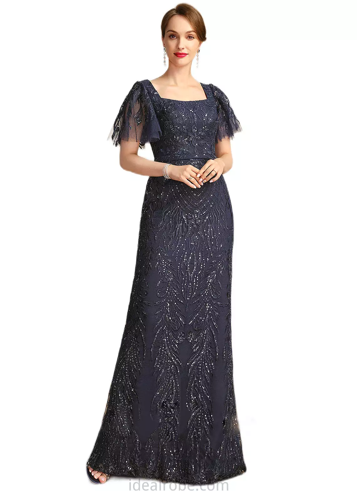 Fatima Sheath/Column Square Floor-Length Lace Mother of the Bride Dress With Sequins STKP0021665