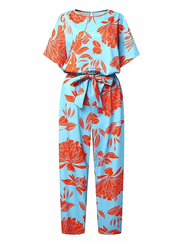 Floral Print Lace Up Jumpsuits for Women - Light Blue