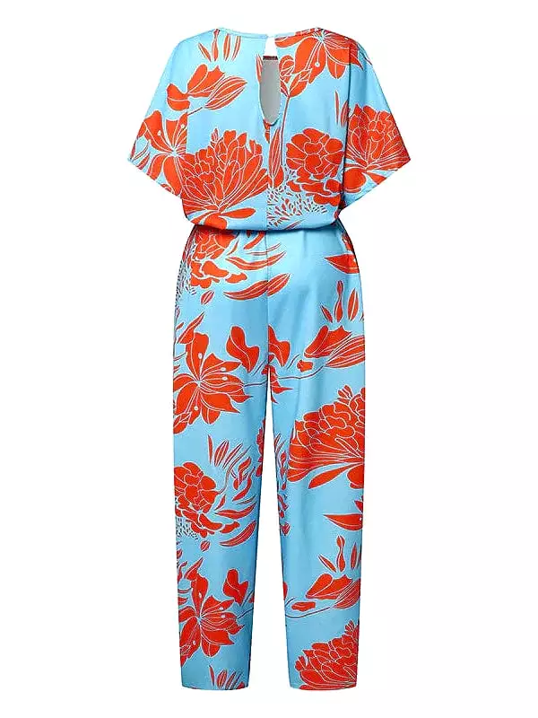 Floral Print Lace Up Jumpsuits for Women - Light Blue