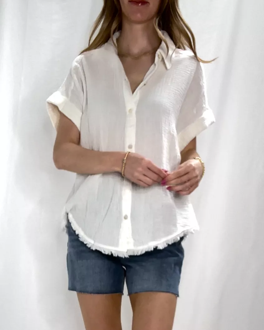 Fringe Hem Button Down Top - White