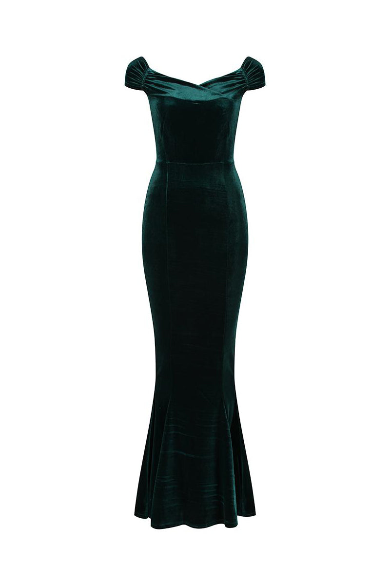 Green Cap Sleeve Crossover Bust Fishtail Hem Velour Maxi Dress