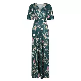 Green Floral Print Waterfall Sleeve Maxi Dress