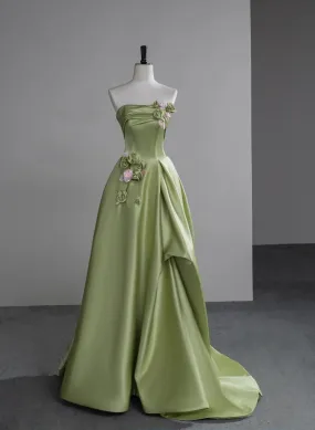 Green Satin A-line Party Dress with Flowers, Green Long Prom Dress