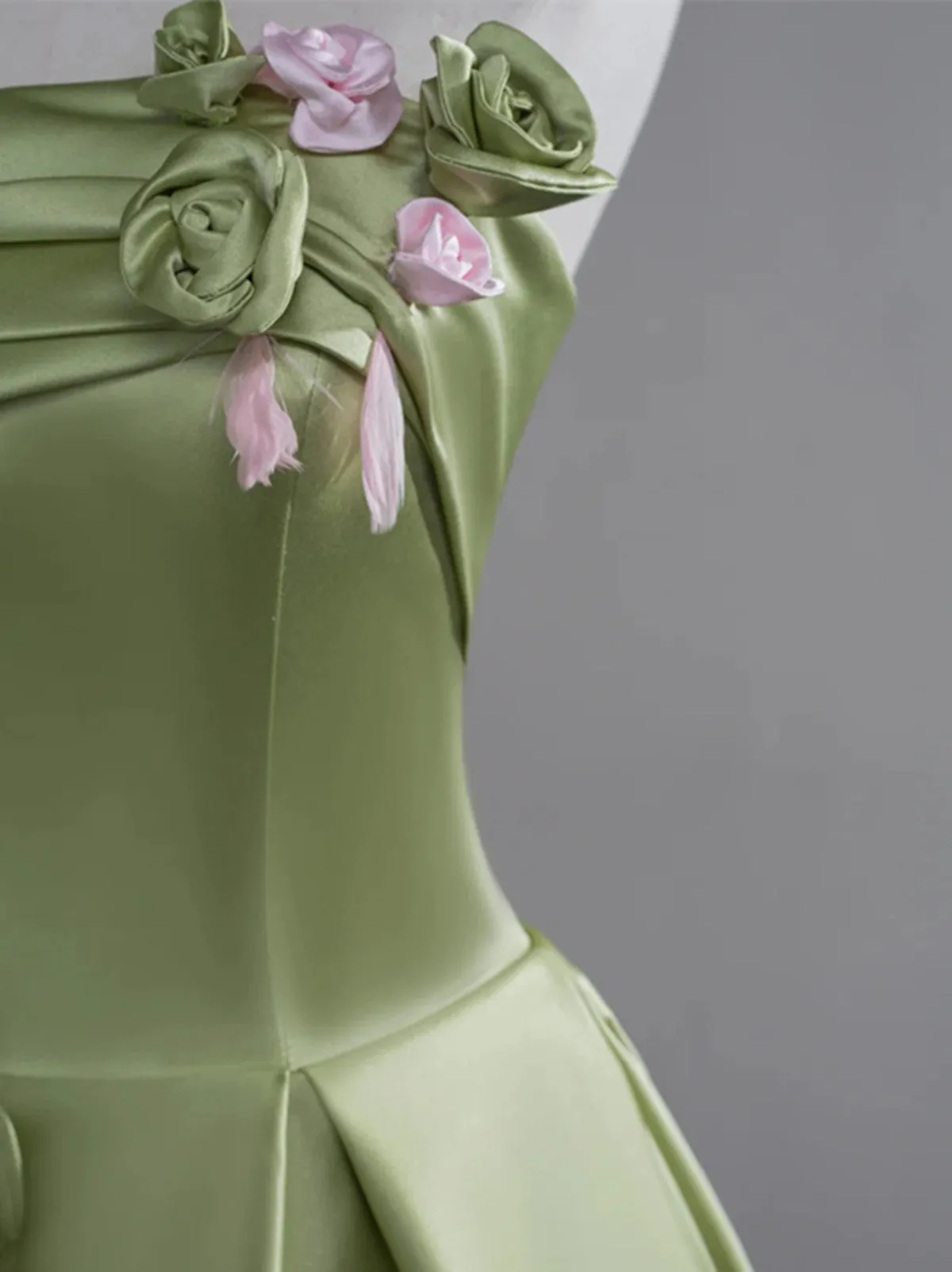 Green Satin A-line Party Dress with Flowers, Green Long Prom Dress