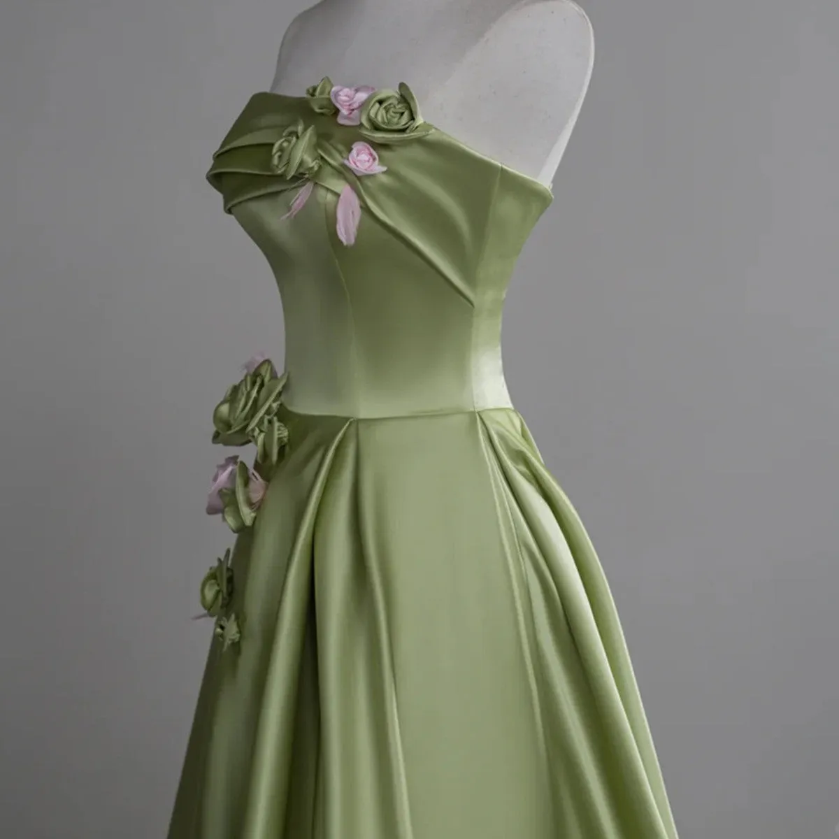 Green Satin A-line Party Dress with Flowers, Green Long Prom Dress