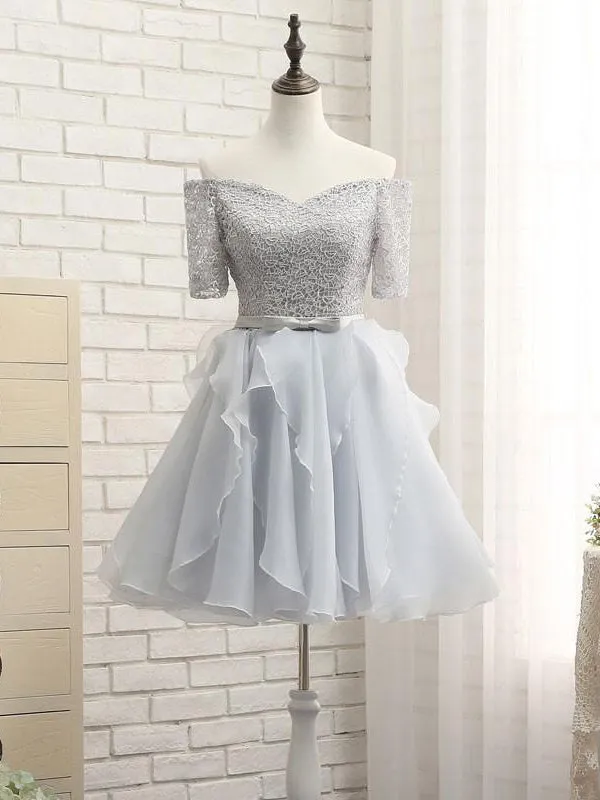 Grey Lace and Organza Homecoming Dresses, Lovely Homecoming Dresses , Short Prom Dress