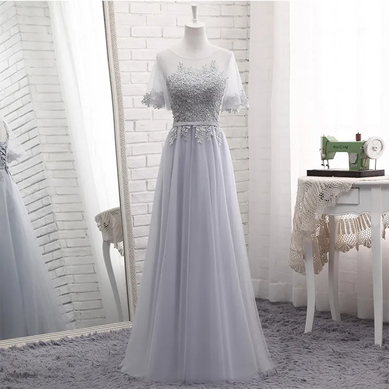 Grey Tulle with Lovely Lace Applique Wedding Party Dress, Grey Tulle A-line Prom Dress Formal Dress