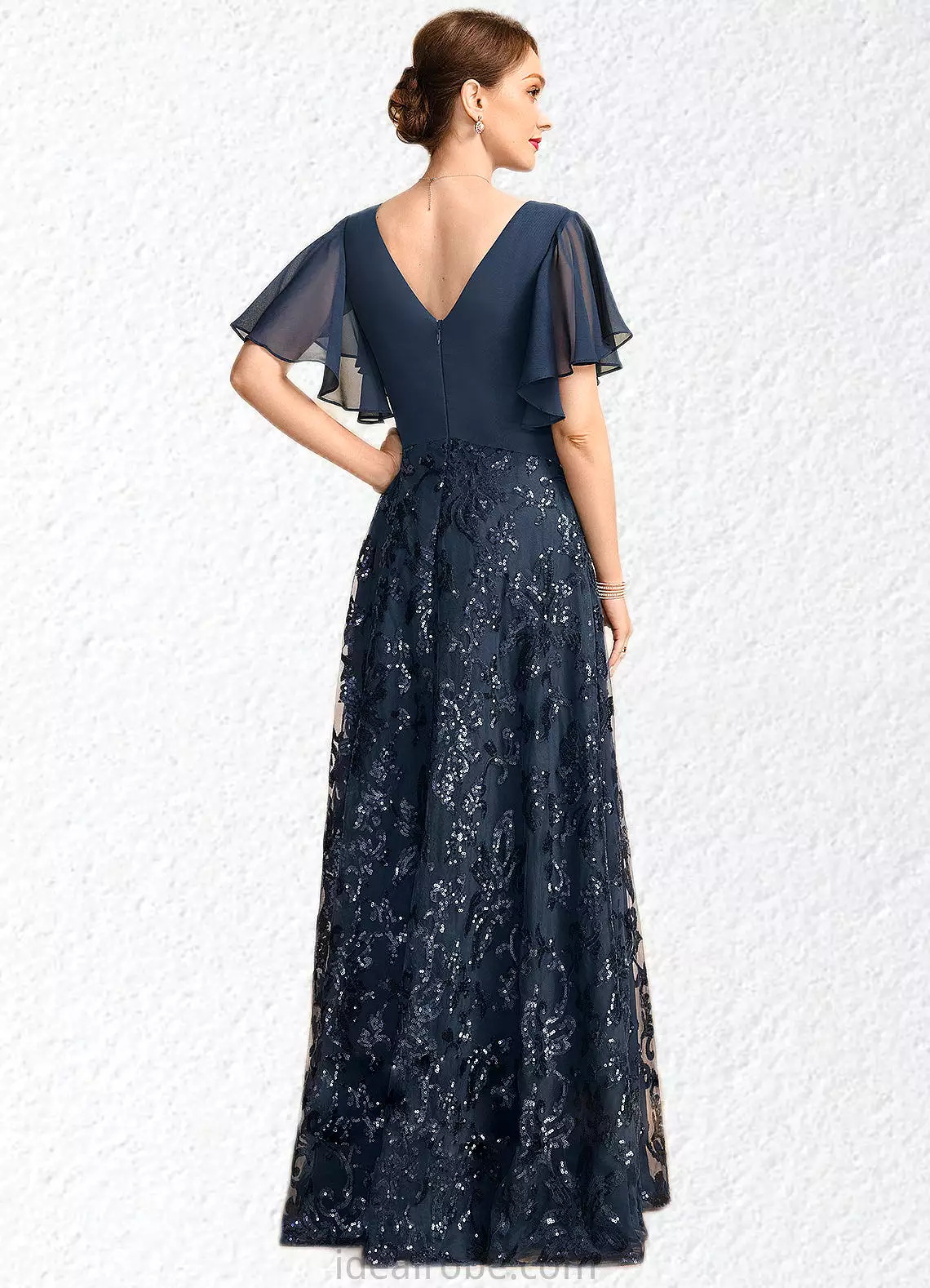 Harley A-line V-Neck Floor-Length Chiffon Lace Sequin Mother of the Bride Dress With Pleated STKP0021648