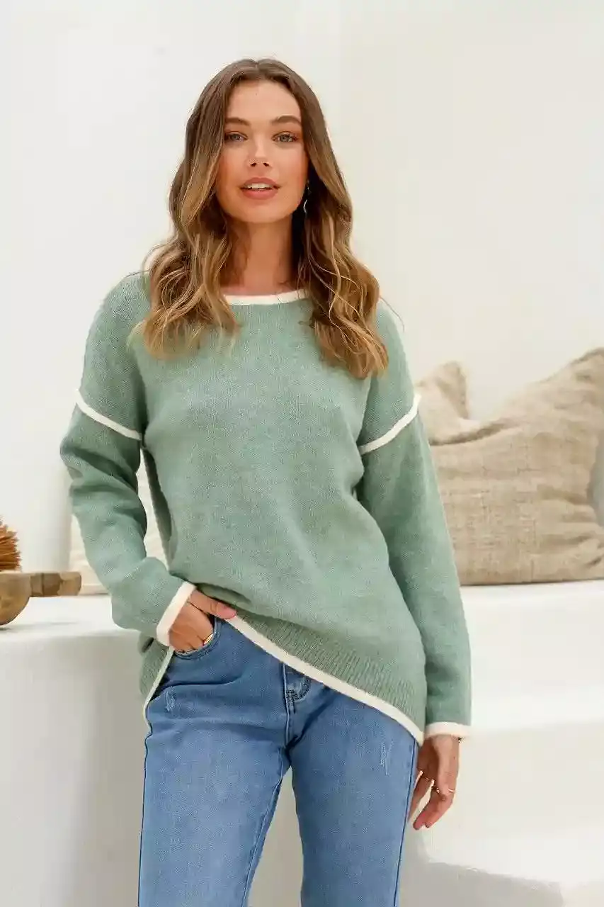 Havana Contrast Knit Jumper Sage