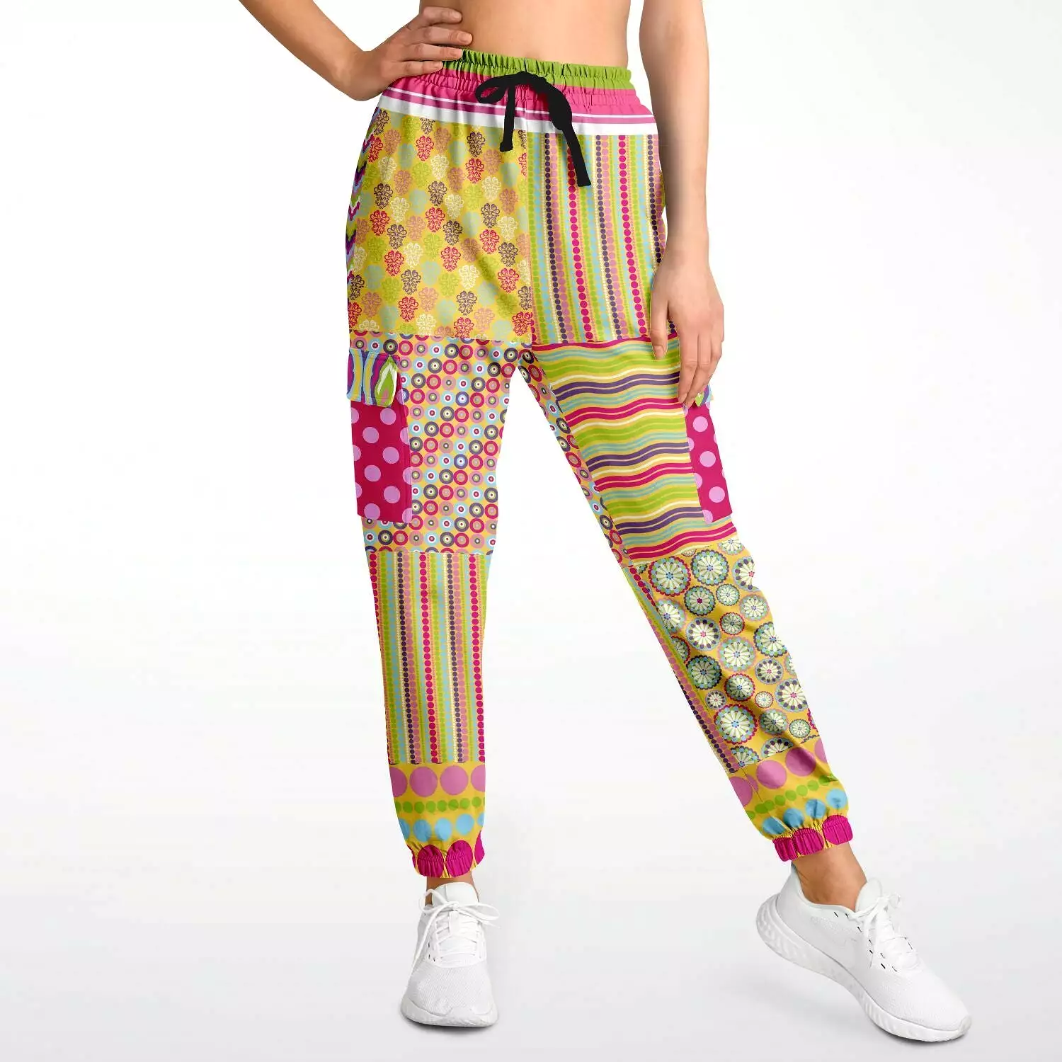 Hello Janis! Green Striped Patchwork Unisex Eco-Poly Cargo Joggers