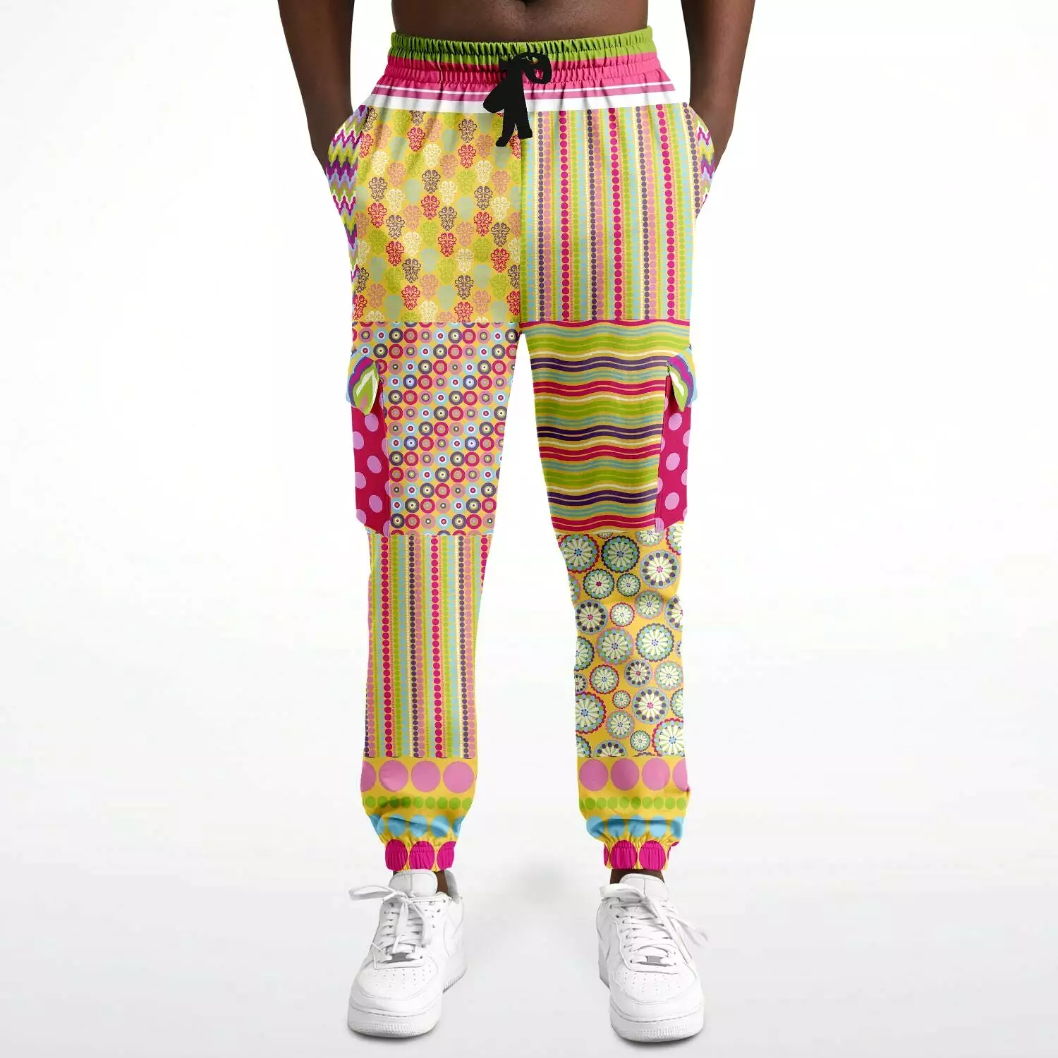 Hello Janis! Green Striped Patchwork Unisex Eco-Poly Cargo Joggers