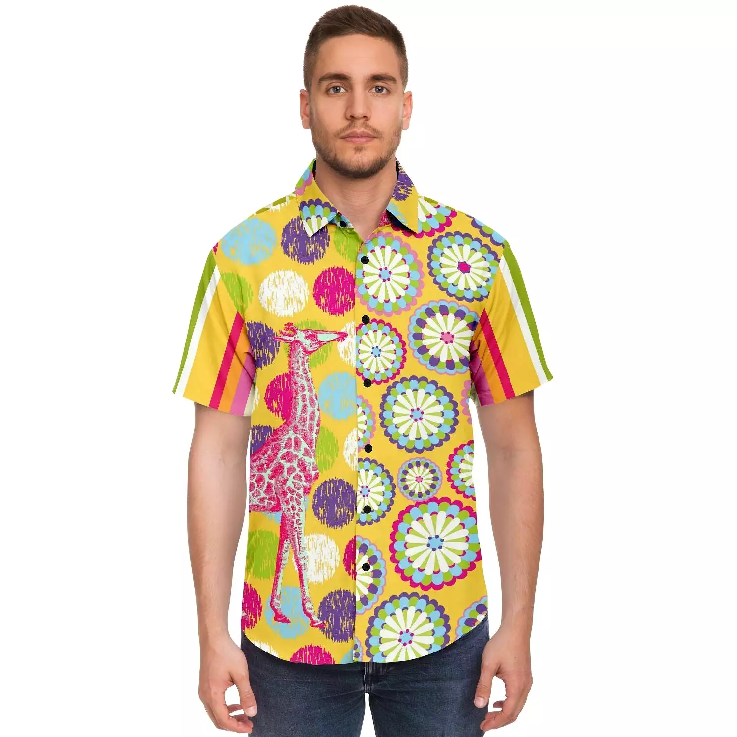 Hello Janis! Yellow Geo Print Short Sleeve Button Down Shirt