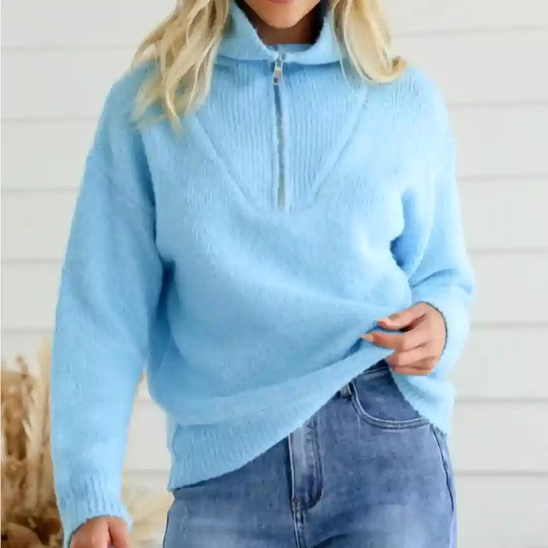 Henderson Zip Neck Knit Jumper Baby Blue