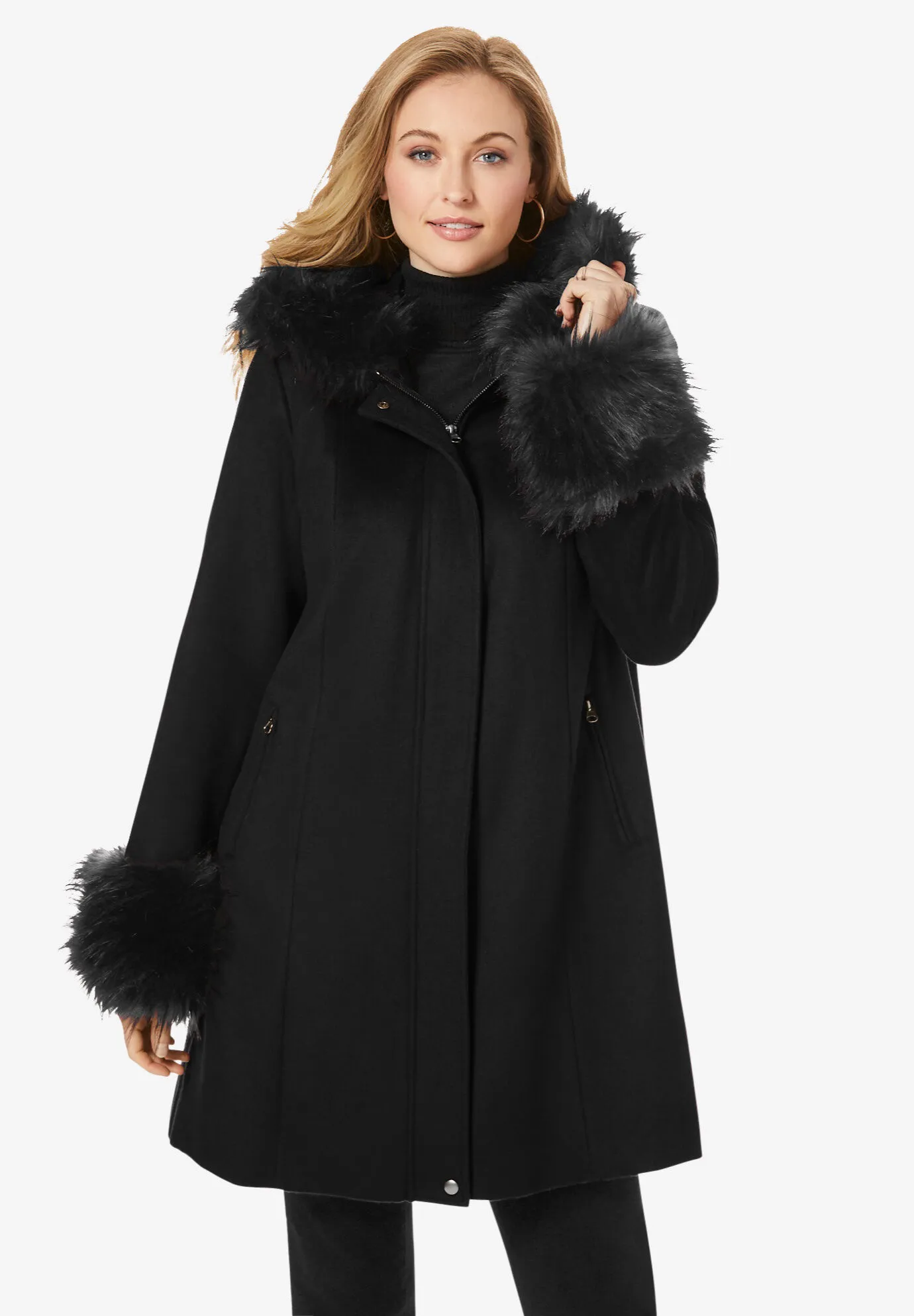 Hooded Faux Fur Trim Coat