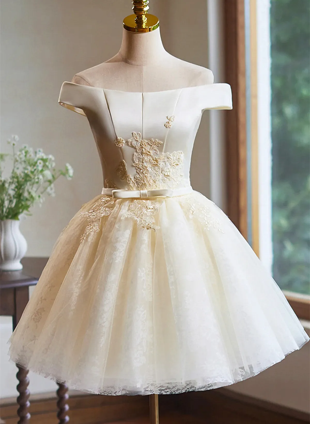 Ivory Knee Length Tulle Off Shoulder Party Dress, Ivory Homecoming Dress