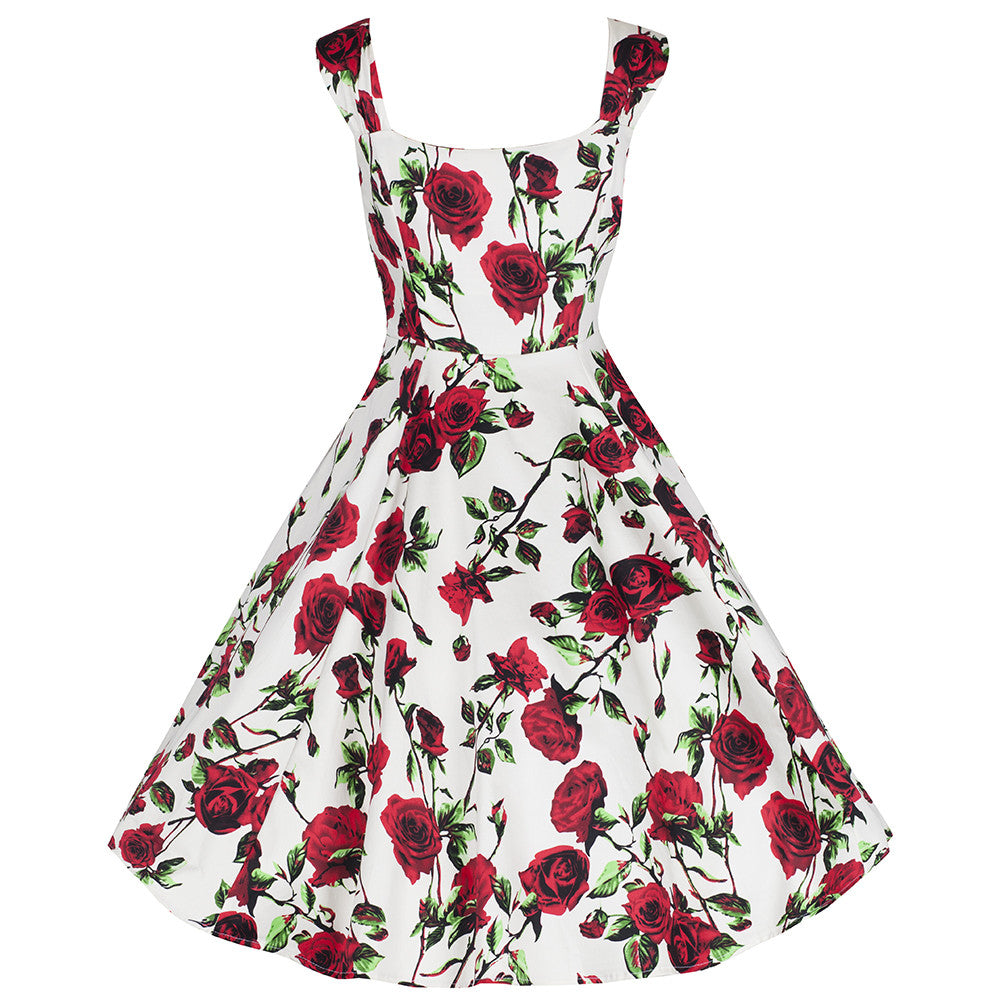 Ivory White and Red Rose Vintage Rockabilly Swing Dress