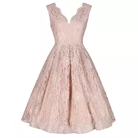 Jolie Moi Salmon Pink Champagne V Neck Sleeveless Embroidered Lace 50s Swing Dress