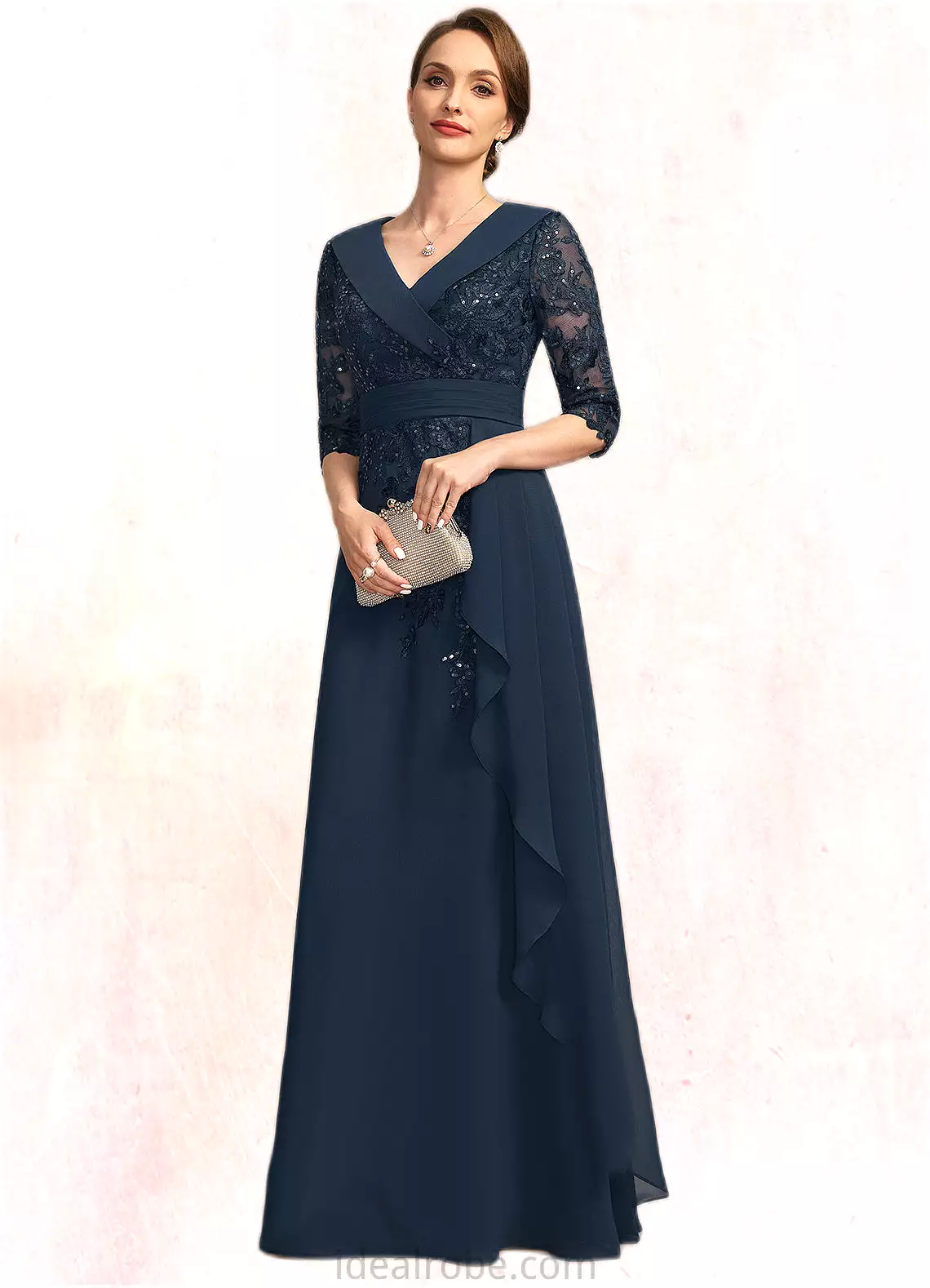 Journey A-line V-Neck Floor-Length Chiffon Lace Mother of the Bride Dress With Cascading Ruffles Sequins STKP0021691