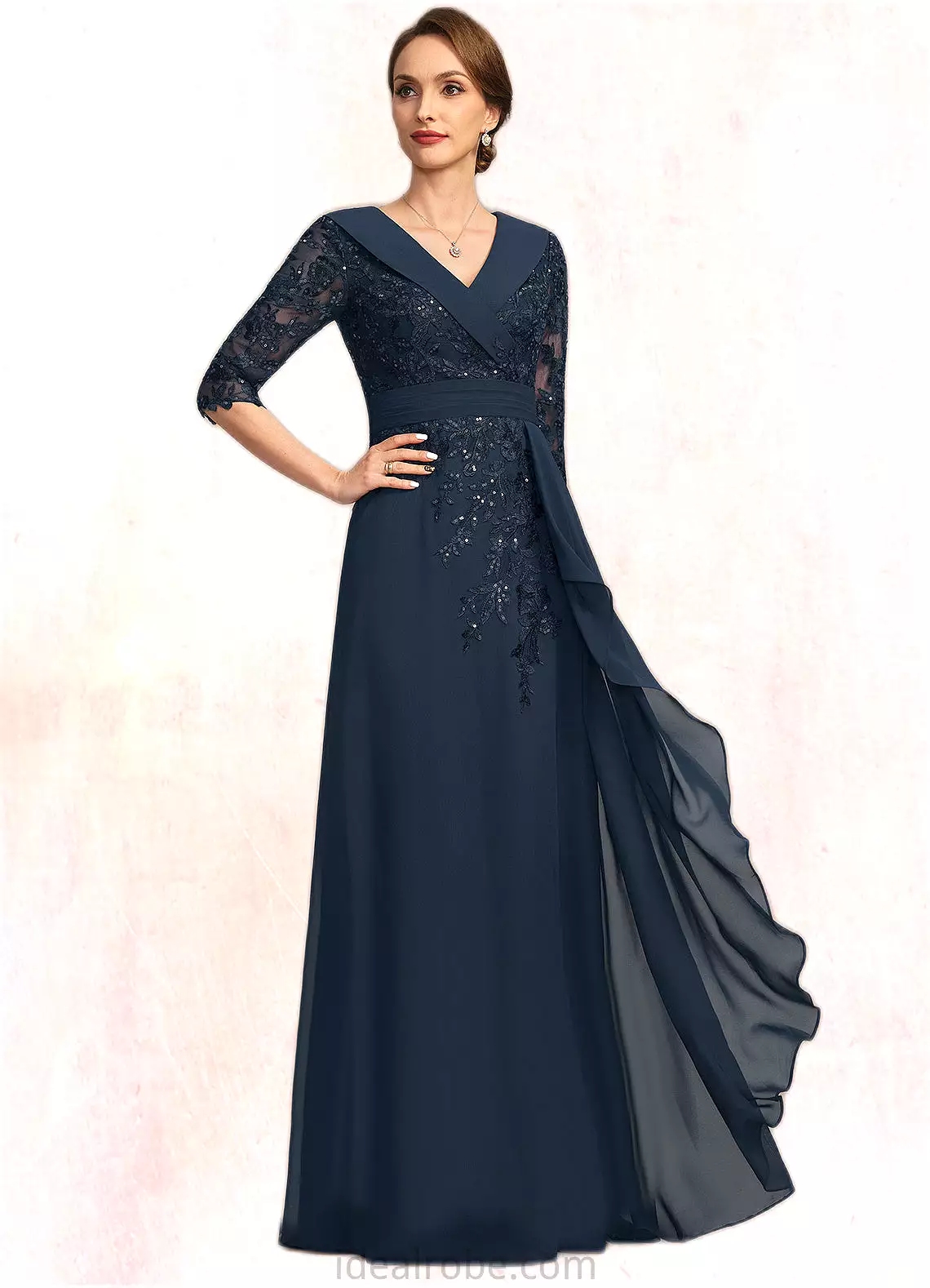 Journey A-line V-Neck Floor-Length Chiffon Lace Mother of the Bride Dress With Cascading Ruffles Sequins STKP0021691