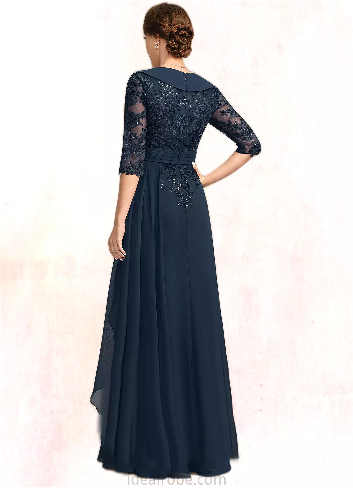 Journey A-line V-Neck Floor-Length Chiffon Lace Mother of the Bride Dress With Cascading Ruffles Sequins STKP0021691