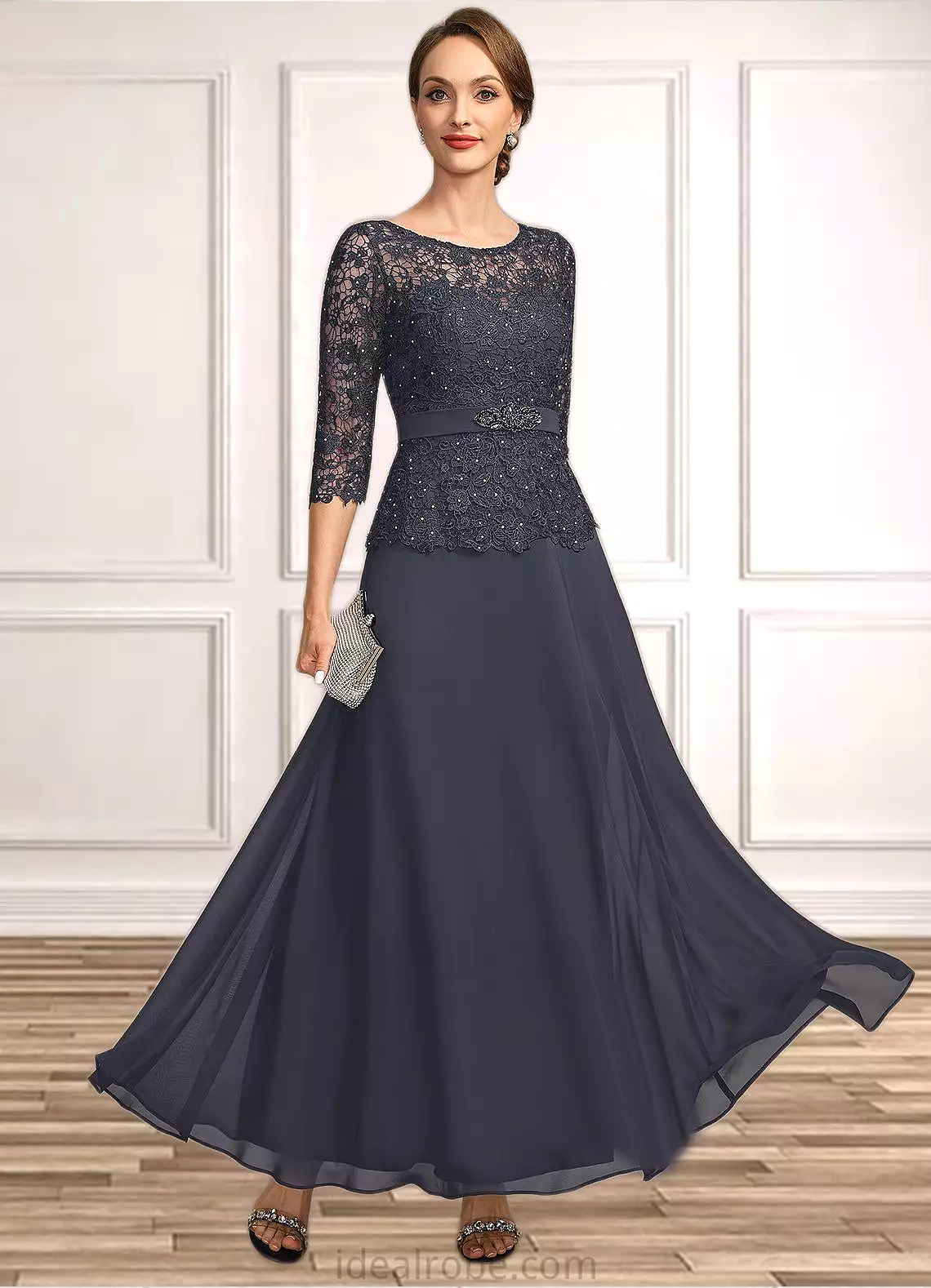 Joy A-line Scoop Illusion Ankle-Length Chiffon Lace Mother of the Bride Dress With Beading Rhinestone STKP0021659