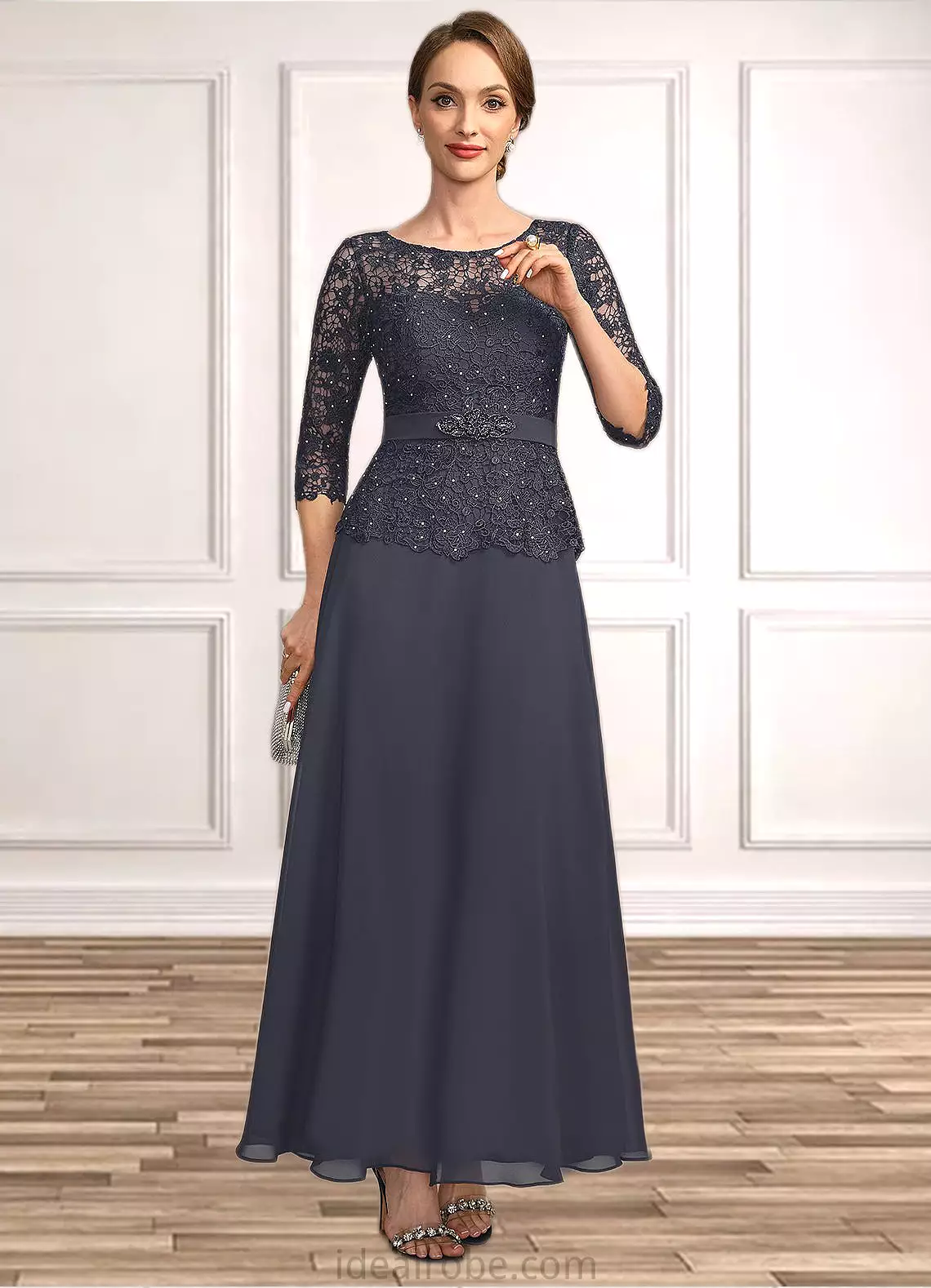 Joy A-line Scoop Illusion Ankle-Length Chiffon Lace Mother of the Bride Dress With Beading Rhinestone STKP0021659