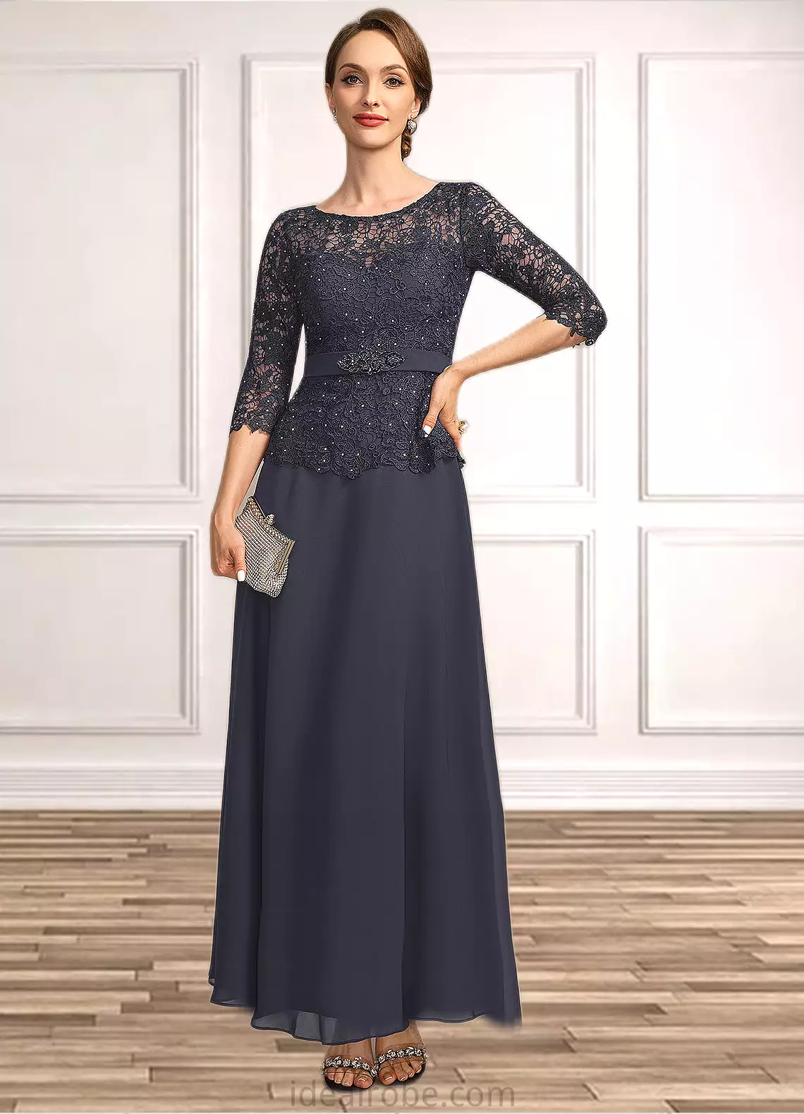 Joy A-line Scoop Illusion Ankle-Length Chiffon Lace Mother of the Bride Dress With Beading Rhinestone STKP0021659