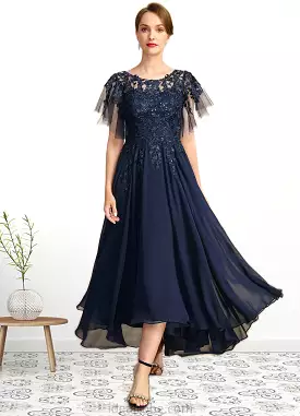 Kaila A-line Scoop Illusion Asymmetrical Chiffon Lace Mother of the Bride Dress With Sequins STKP0021712