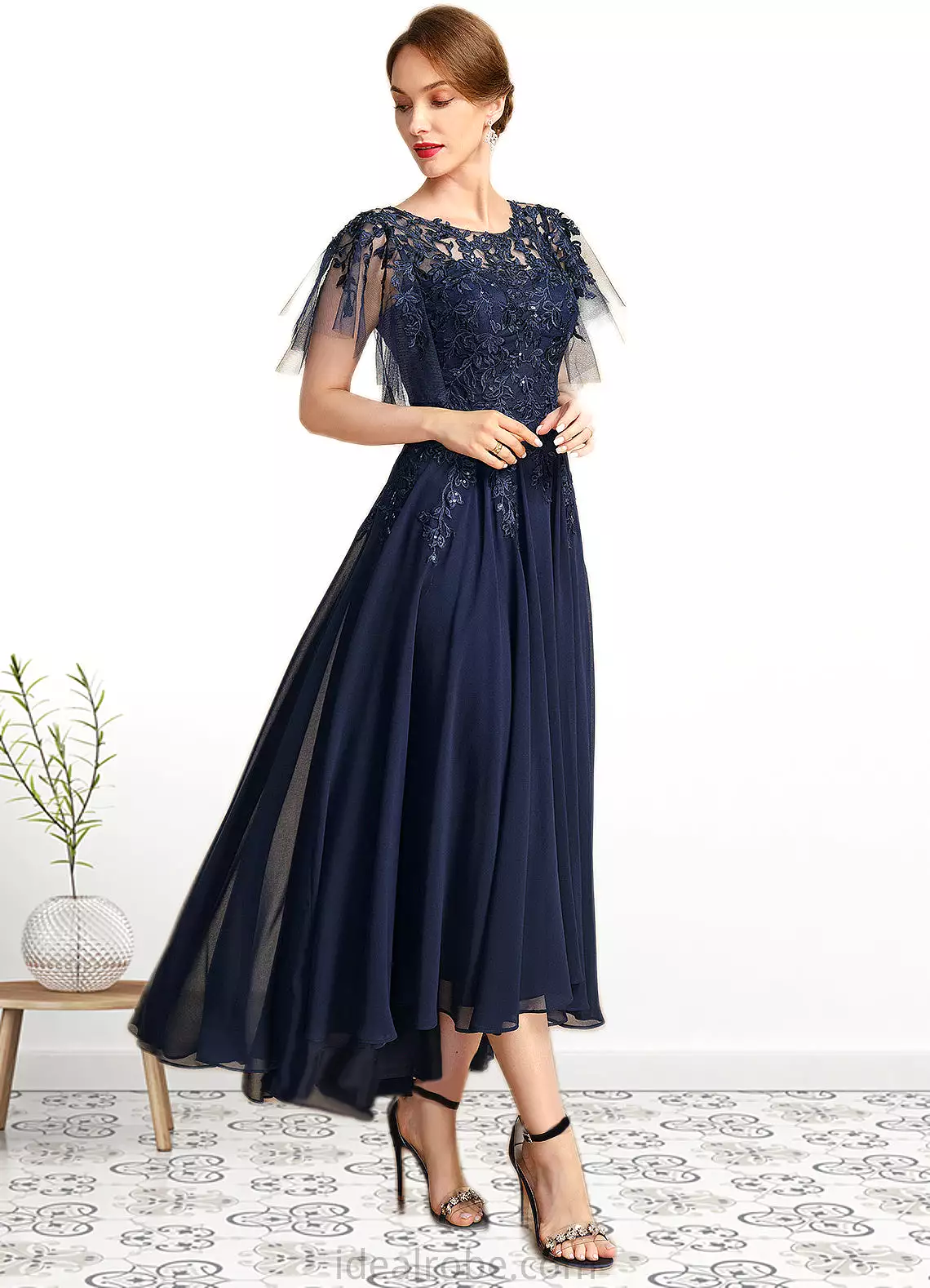 Kaila A-line Scoop Illusion Asymmetrical Chiffon Lace Mother of the Bride Dress With Sequins STKP0021712