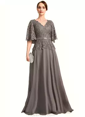 Kaitlyn A-line V-Neck Floor-Length Chiffon Lace Mother of the Bride Dress With Rhinestone Crystal Brooch STKP0021782