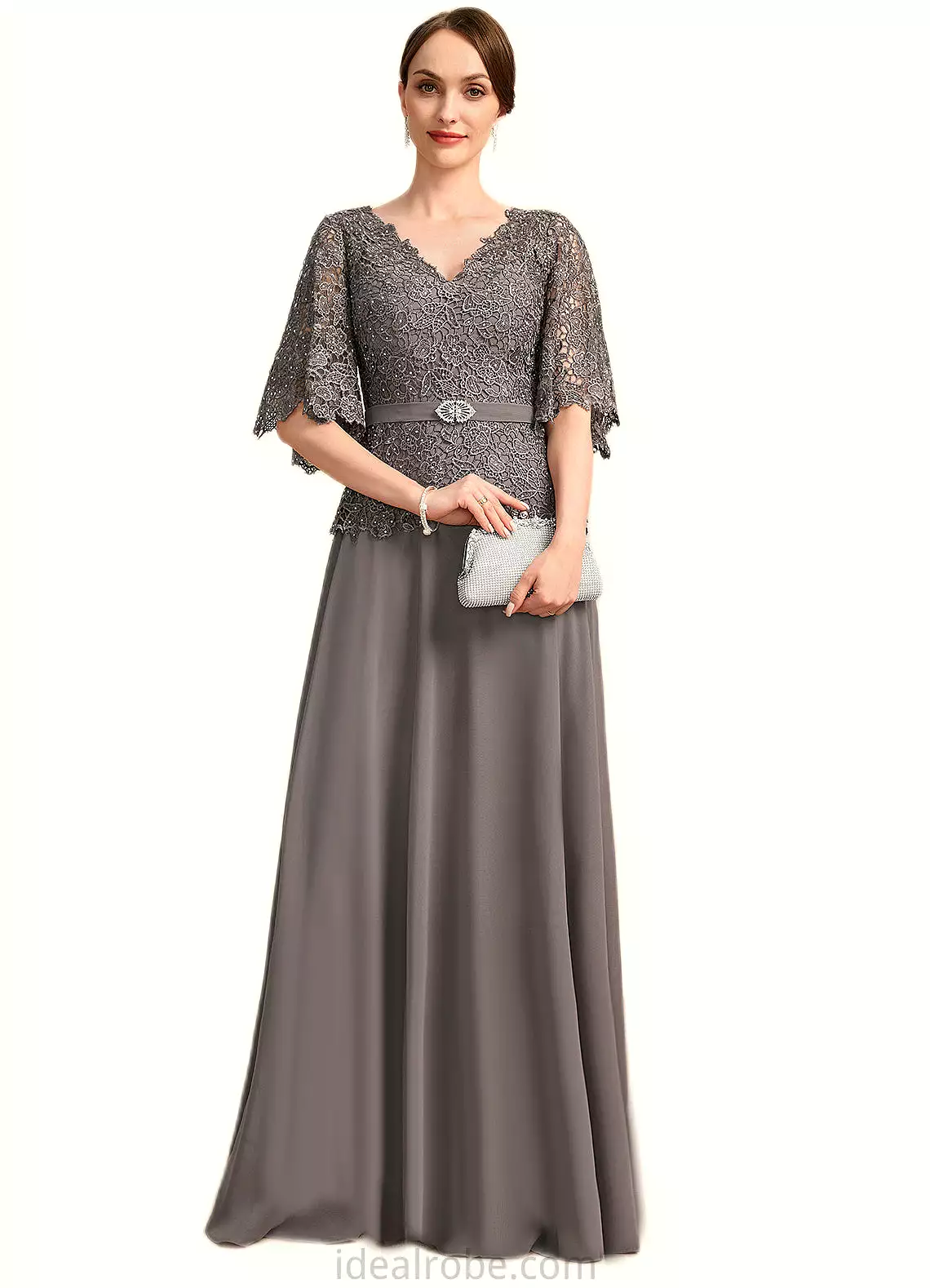 Kaitlyn A-line V-Neck Floor-Length Chiffon Lace Mother of the Bride Dress With Rhinestone Crystal Brooch STKP0021782