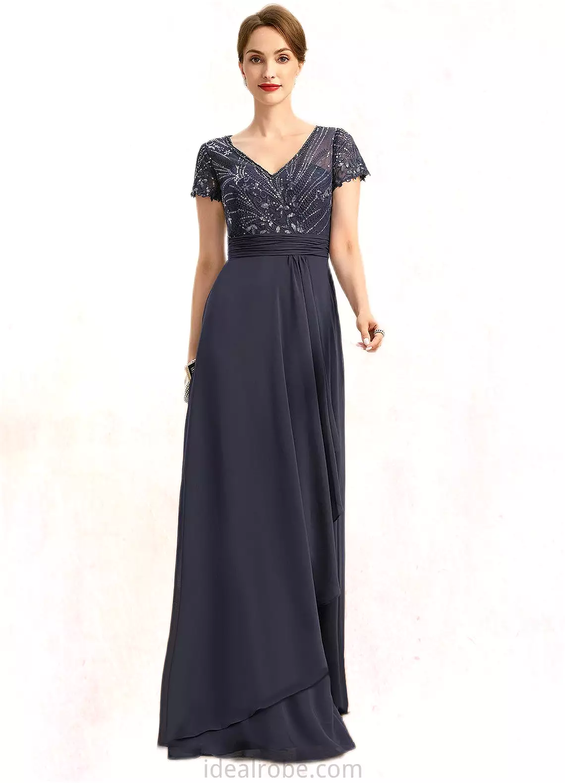 Kaley A-line V-Neck Floor-Length Chiffon Lace Mother of the Bride Dress With Beading Cascading Ruffles Sequins STKP0021675