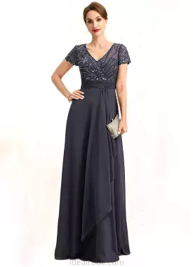 Kaley A-line V-Neck Floor-Length Chiffon Lace Mother of the Bride Dress With Beading Cascading Ruffles Sequins STKP0021675