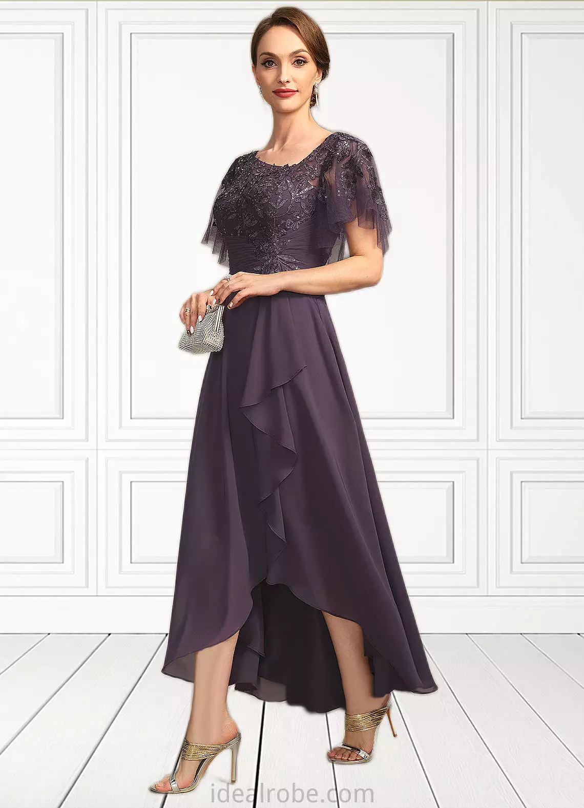 Leah A-line Asymmetrical Asymmetrical Chiffon Lace Mother of the Bride Dress With Cascading Ruffles Sequins STKP0021846