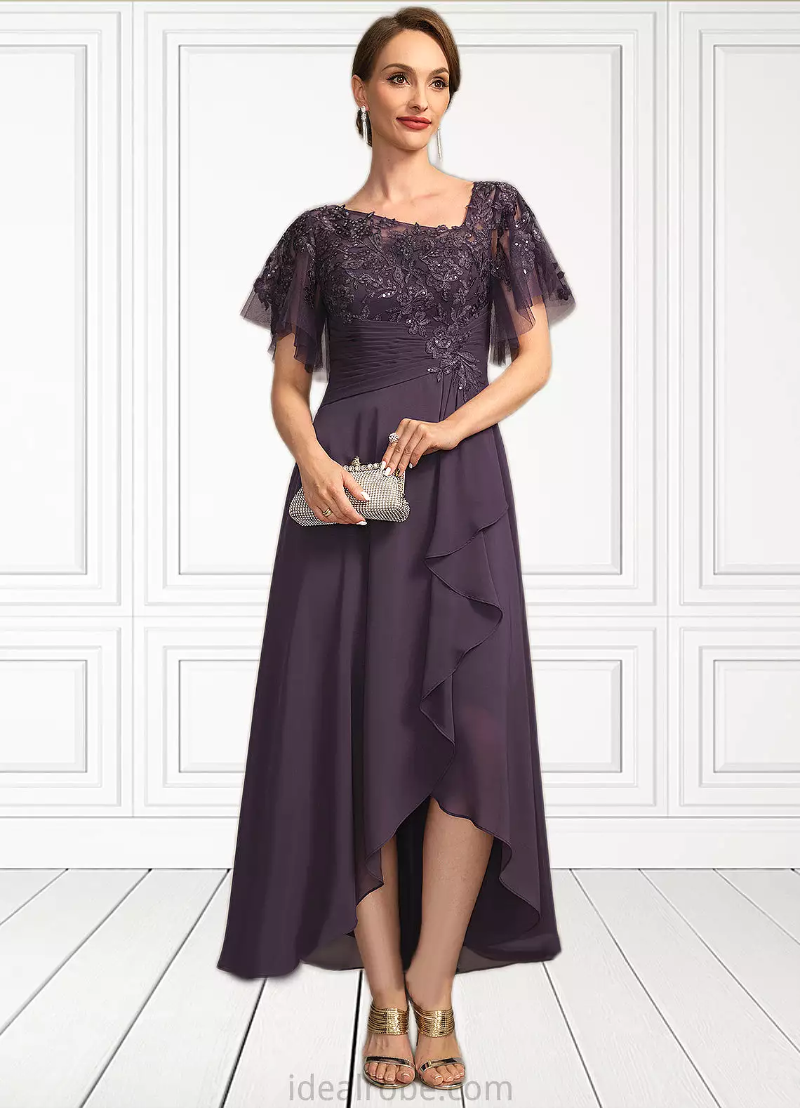 Leah A-line Asymmetrical Asymmetrical Chiffon Lace Mother of the Bride Dress With Cascading Ruffles Sequins STKP0021846