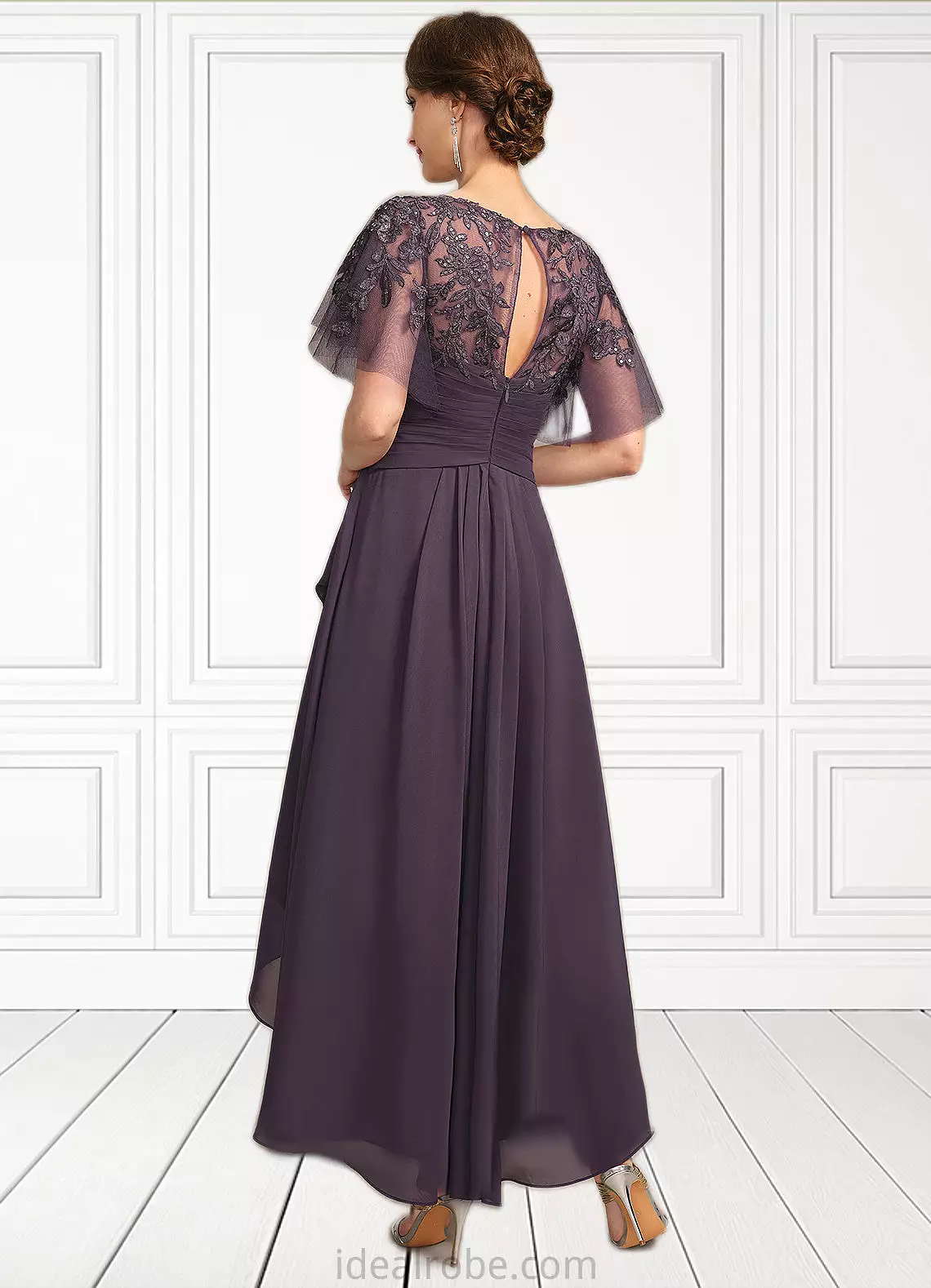 Leah A-line Asymmetrical Asymmetrical Chiffon Lace Mother of the Bride Dress With Cascading Ruffles Sequins STKP0021846