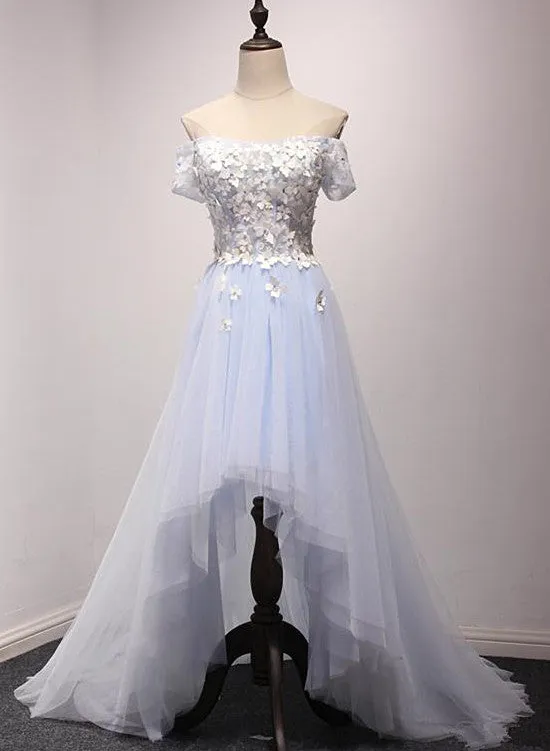 Light Blue Off Shoulder Flowers High Low Party Dress, Tulle Formal Dress Prom Dress