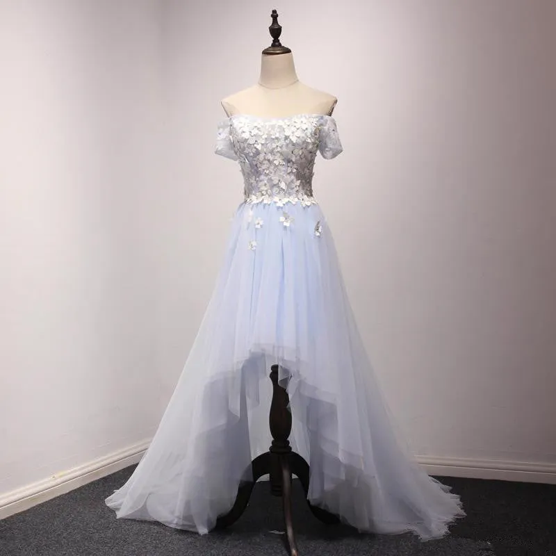 Light Blue Off Shoulder Flowers High Low Party Dress, Tulle Formal Dress Prom Dress