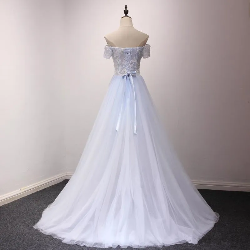 Light Blue Off Shoulder Flowers High Low Party Dress, Tulle Formal Dress Prom Dress