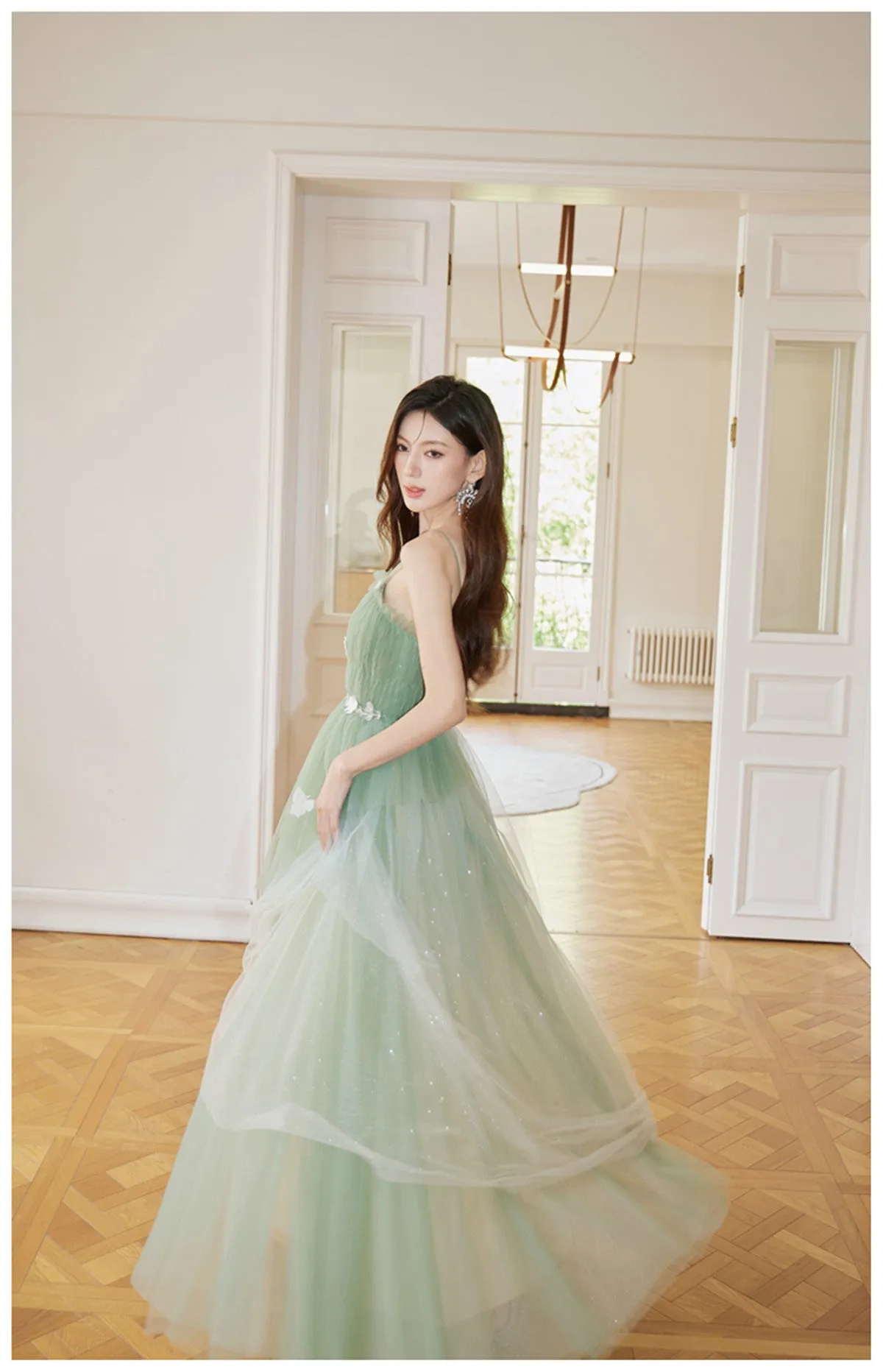 Light Green Tulle Straps Long Party Dress, A-line Light Green Prom Dress