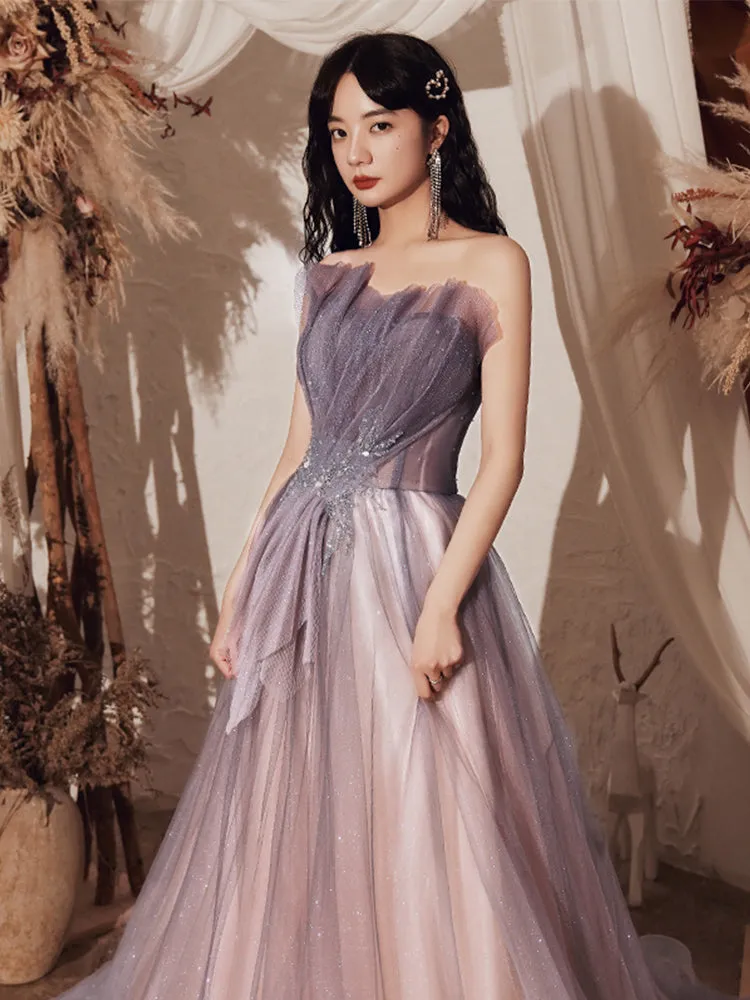 Light Purple Tulle with Beaded A-line Party Dress, Purple Tulle Long Formal Dress