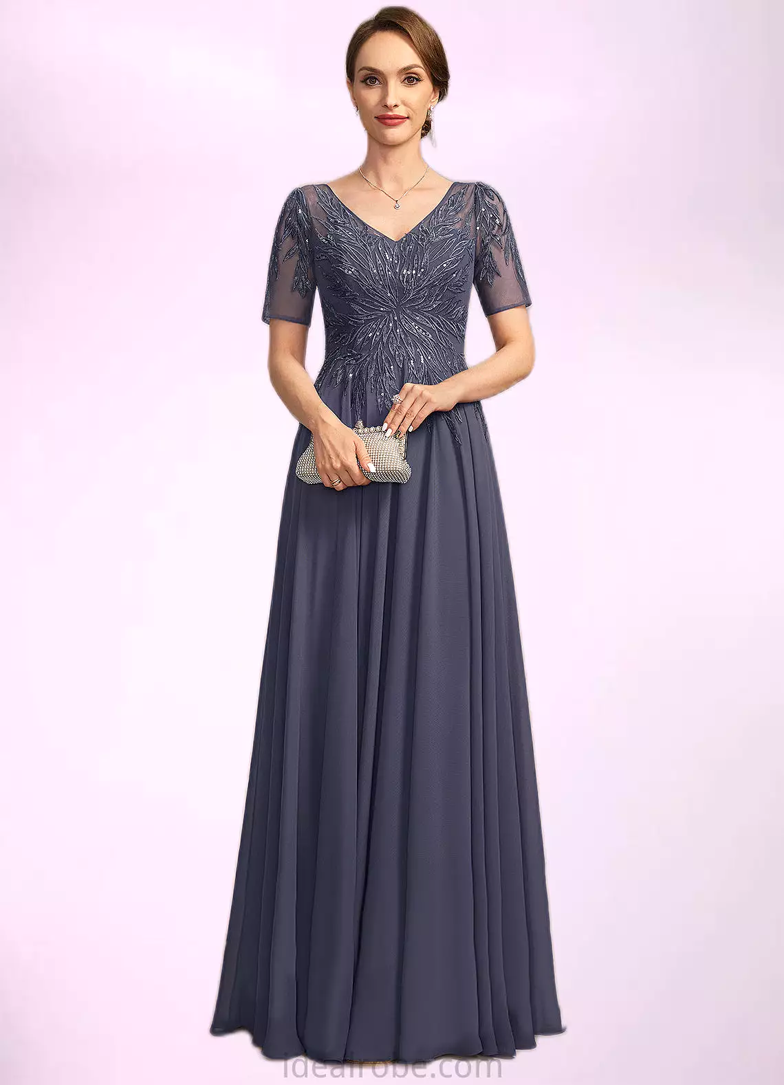 Lilyana A-line V-Neck Illusion Floor-Length Chiffon Lace Mother of the Bride Dress With Sequins STKP0021867