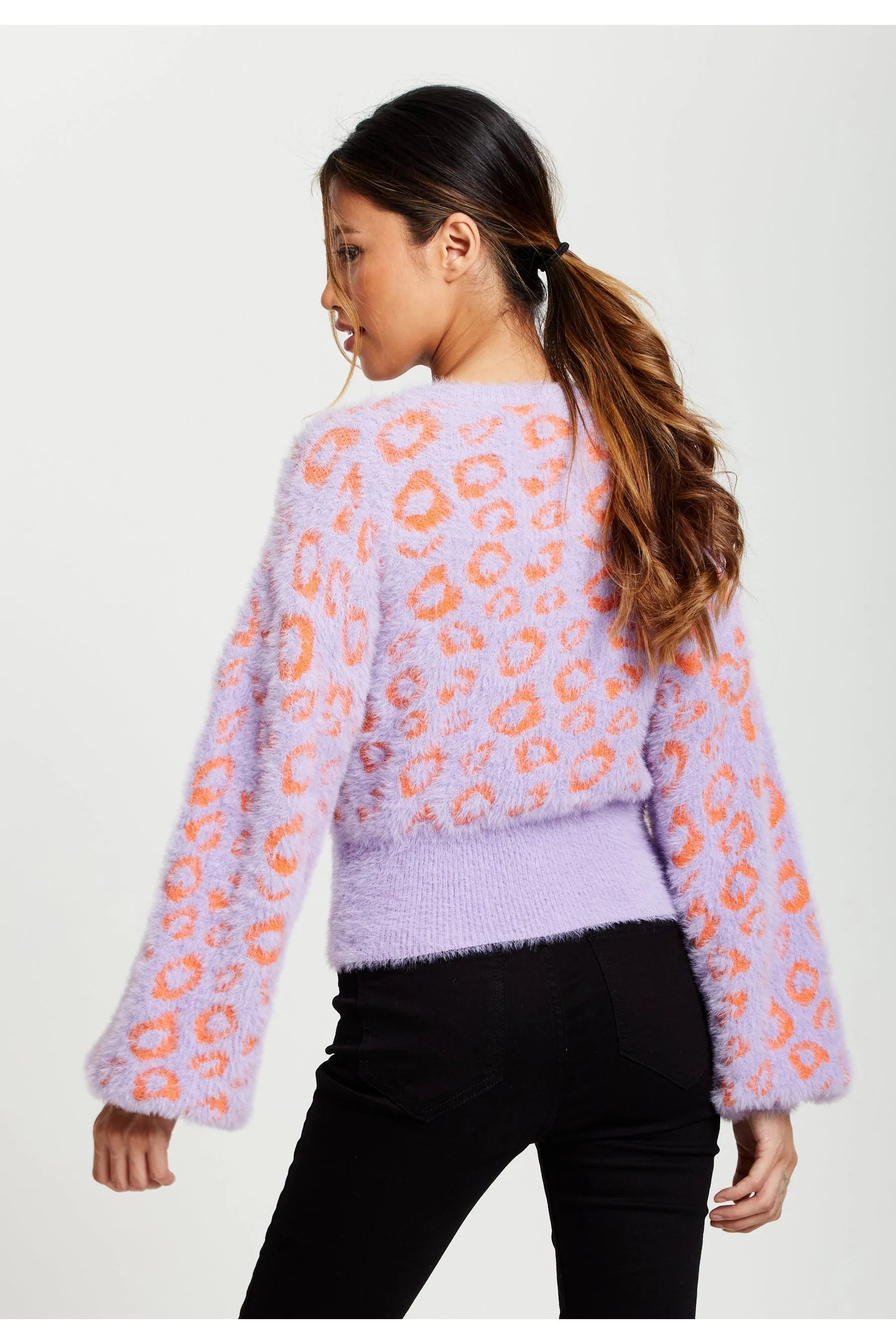 Liquorish Animal Pattern Fluffy Cardigan In Lilac