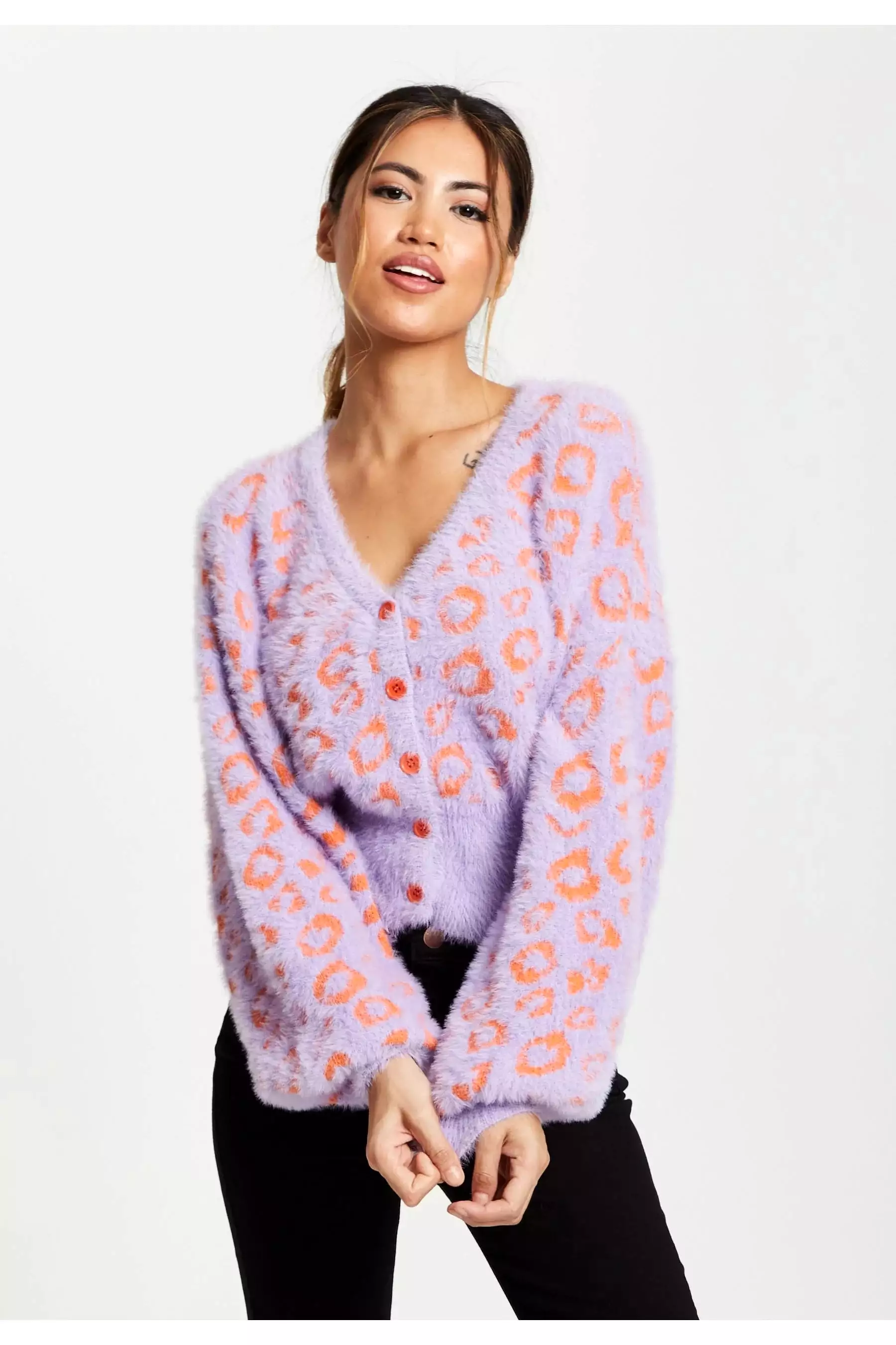 Liquorish Animal Pattern Fluffy Cardigan In Lilac