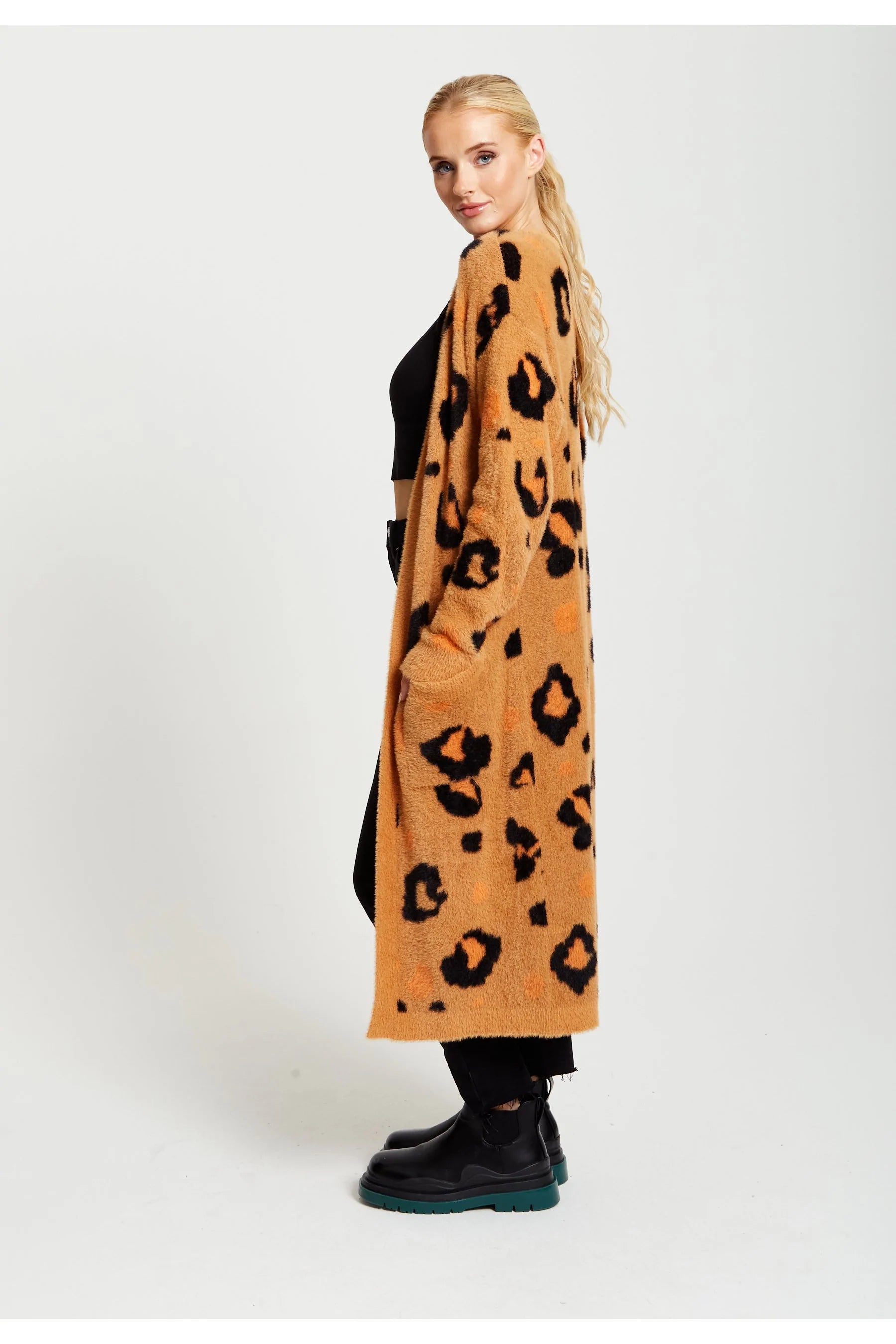 Liquorish Animal Pattern Longline Cardigan In Brown